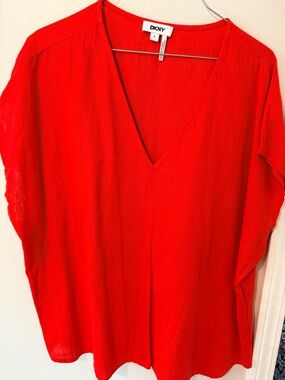 DKNY Bright Red/orange V-Neck Tunic Top